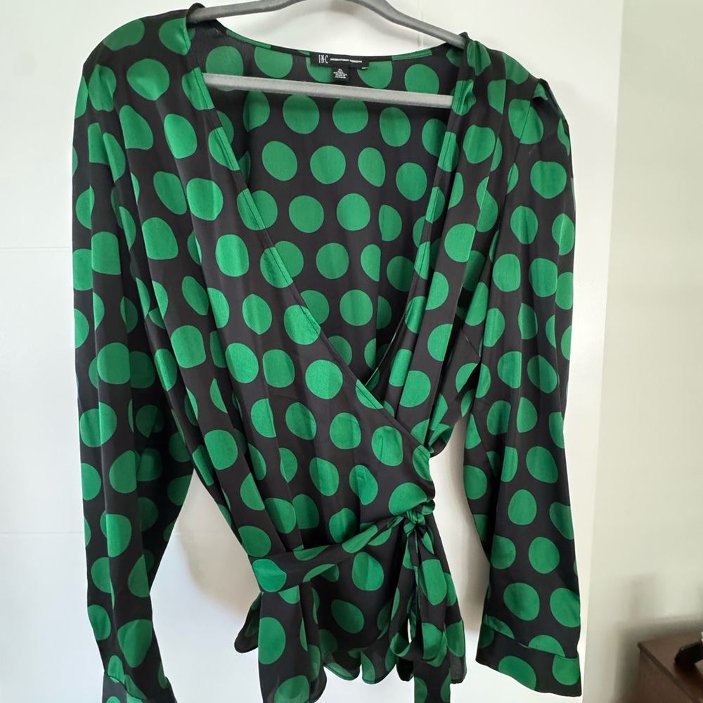 INC International Concepts Black and Green Polka Dot Wrap Blouse XL